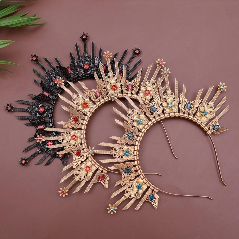 Unique Gothic Style Crown Hairband Luxurious Gothic Crown Hairpiece with Butterfly Embellishment For Special Event
