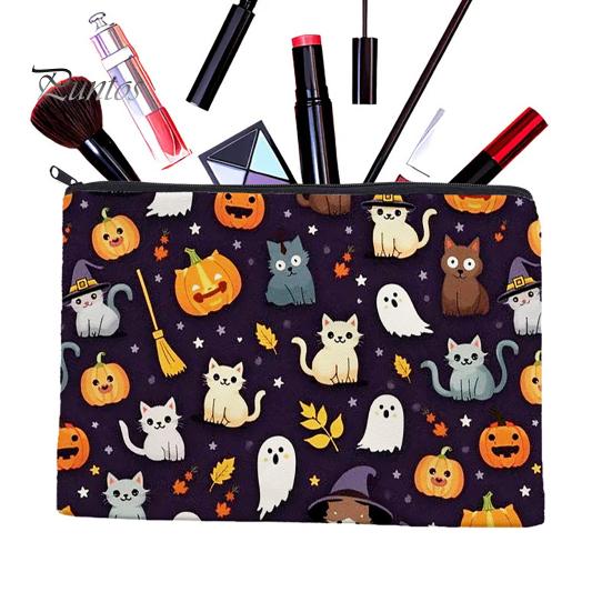 Versatile Zippered Storage Bag Halloween Bag, with Pumpkin Ghost Print, Durable Canvas Stationery Large Capacity Makeup Pouch, for Travel And