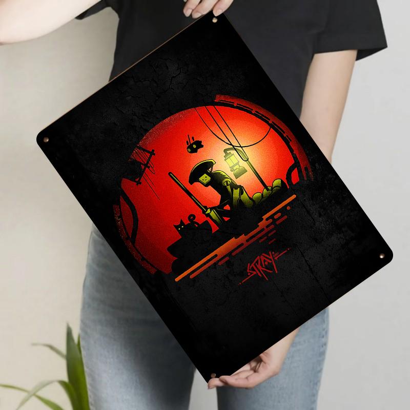 

Stray Game Art Metal Wall Decor Red Moon Robot Cat Lantern Poster for Living Room Bedroom 20x30cm（7.8x11.8inch）