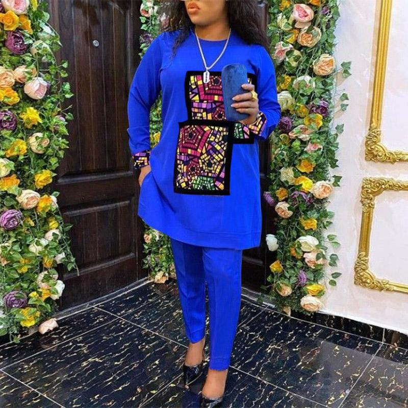 VONDA Zweiteiliges Set für Damen, großes Rundhalsausschnitt, lange Ärmel, bedrucktes Oberteil, einfarbig, lockere Hosen