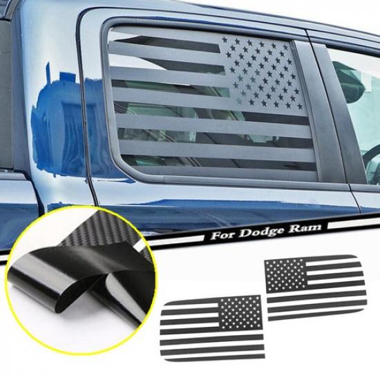For 2019-2024 Dodge RAM 1500 Carbon Fiber Rear Side Window US Flag Stickers Trim