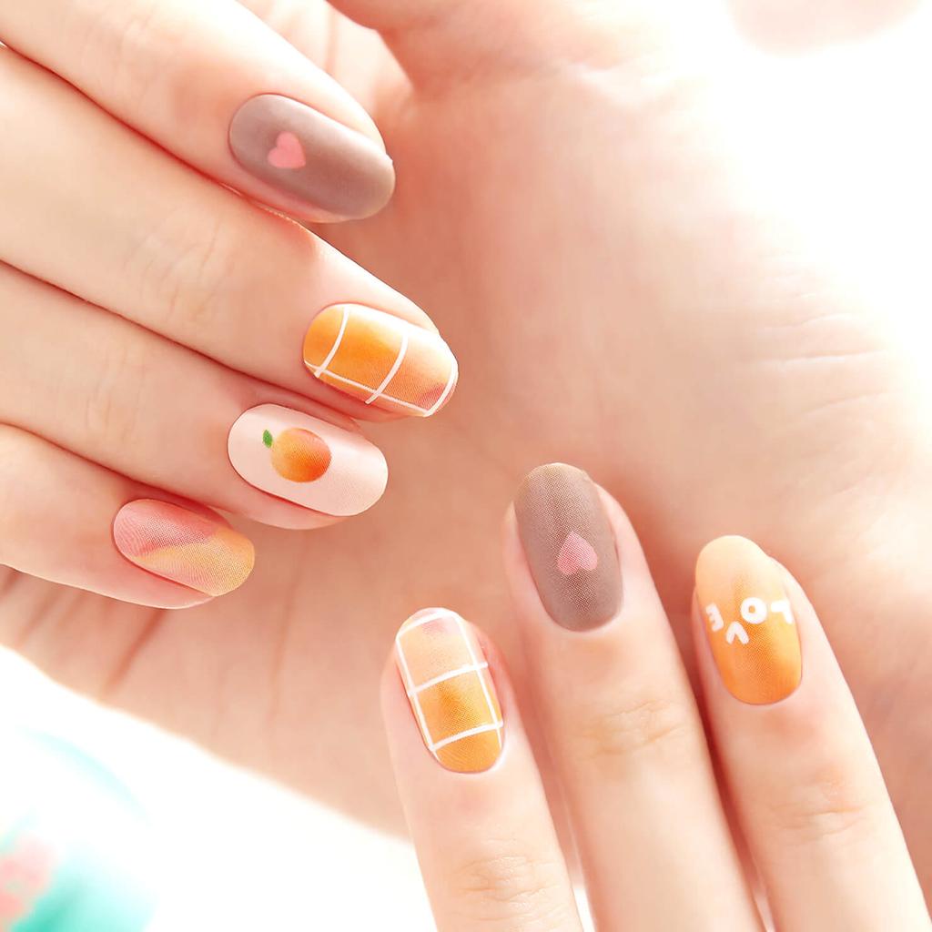 Warm-Tone Nail Stickers 24pcs | Self-Adhesive Strips, Caramel&Plaid Mix, Quick 5-Min Manicure