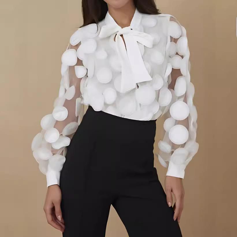 French Court Style 3D Floral Chiffon Blouse with Hollow Lantern Sleeves