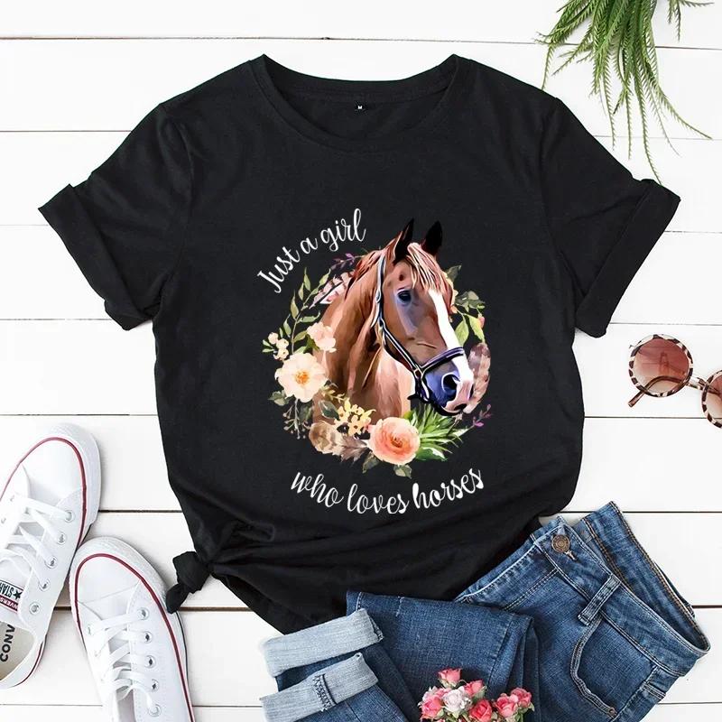 

Women Tshirt Flowar Horse Ladies Tee Shirt Tops Camisetas Girl Horse Print Women T Shirt Short Sleeve O Neck S