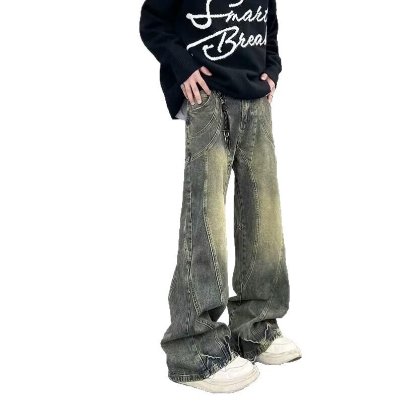 Retro high street straight deconstruction old retro jeans men and women thin and tall wide-leg slightly pulled pants