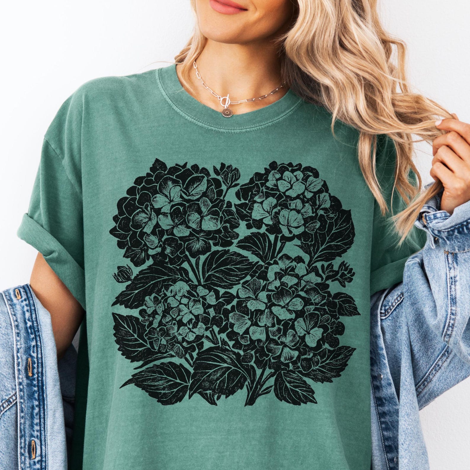 Vintage Hydrangea Linocut T-shirt | Botanical Block Print Tee 4XL