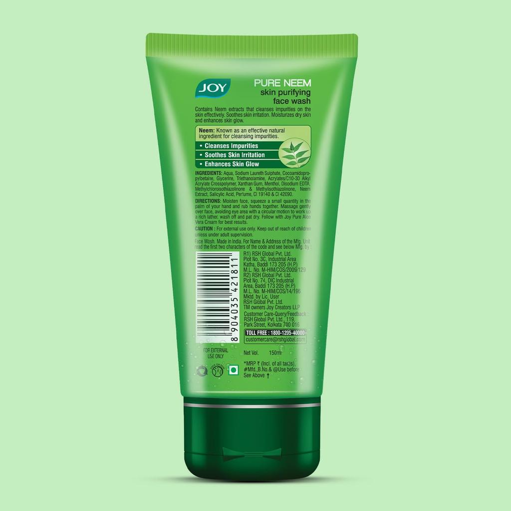 JOY Skin Purifying Neem Face Wash 150ml | Gentle Daily Cleanser For Oily & Acne-Prone Skin | Controls Excess Oil, Minimises Blemishes