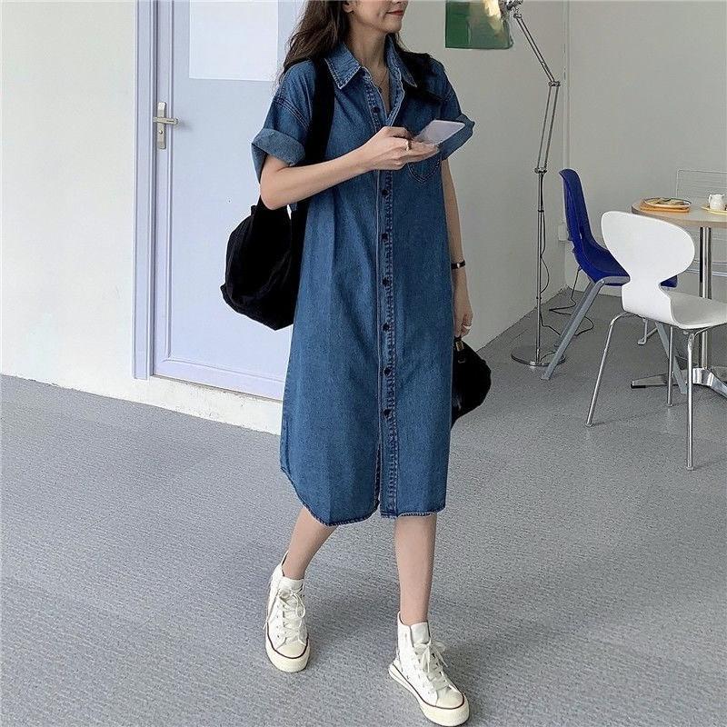 Women's Blue Denim Dress Single Breasted Lapel Shirt Skirt Korean Fashion Commuting Style Long Skirts