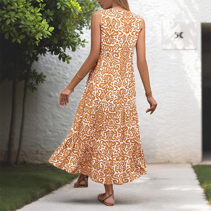 2025 summer new medium and long fashion sleeveless v-neck abstract pattern print dress