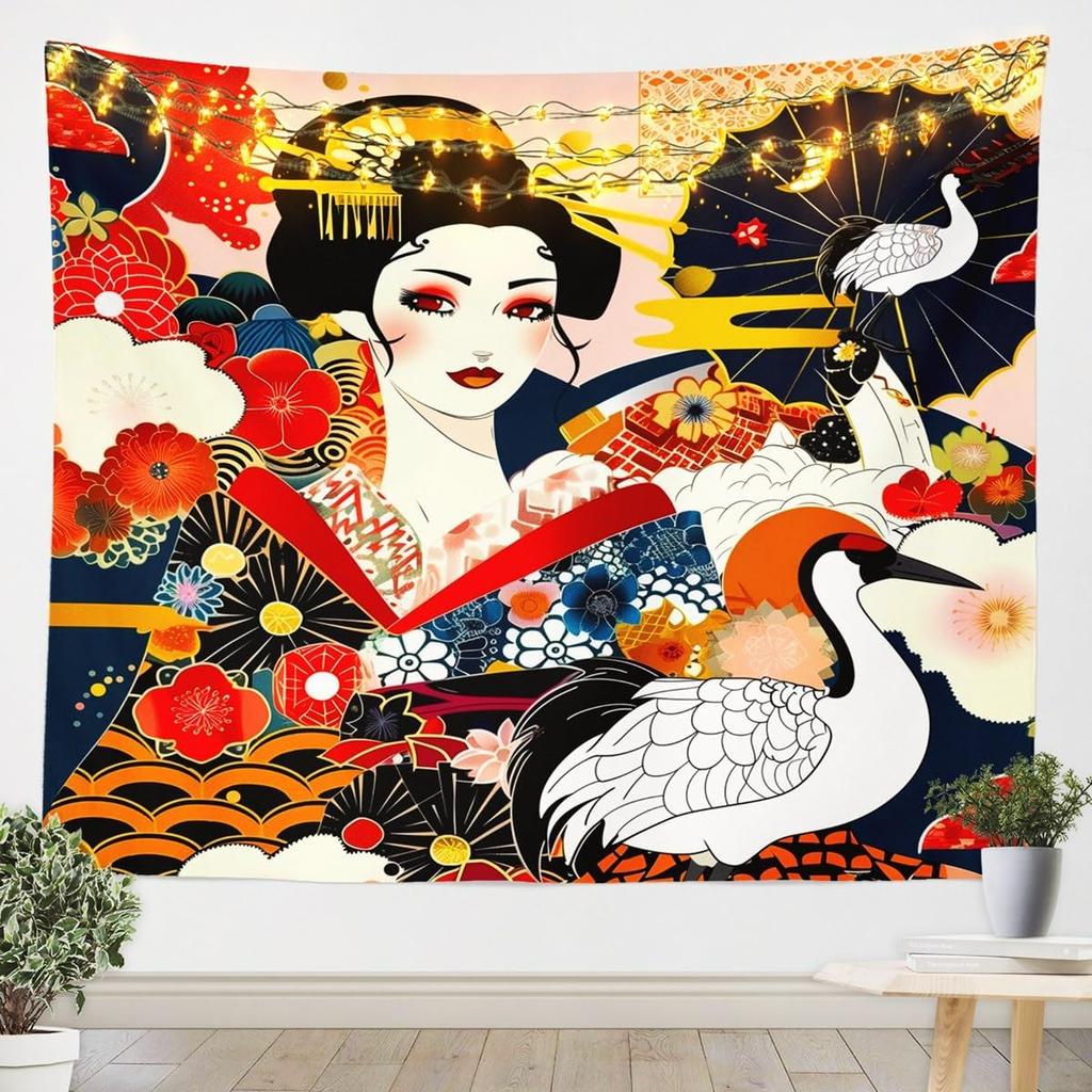 Japanese Girls Geisha Tapestry Large Kids Pink Cherry Blossoms Wall Hanging for Boys Teens Japanese Ukiyoe Wall Blanket Mount