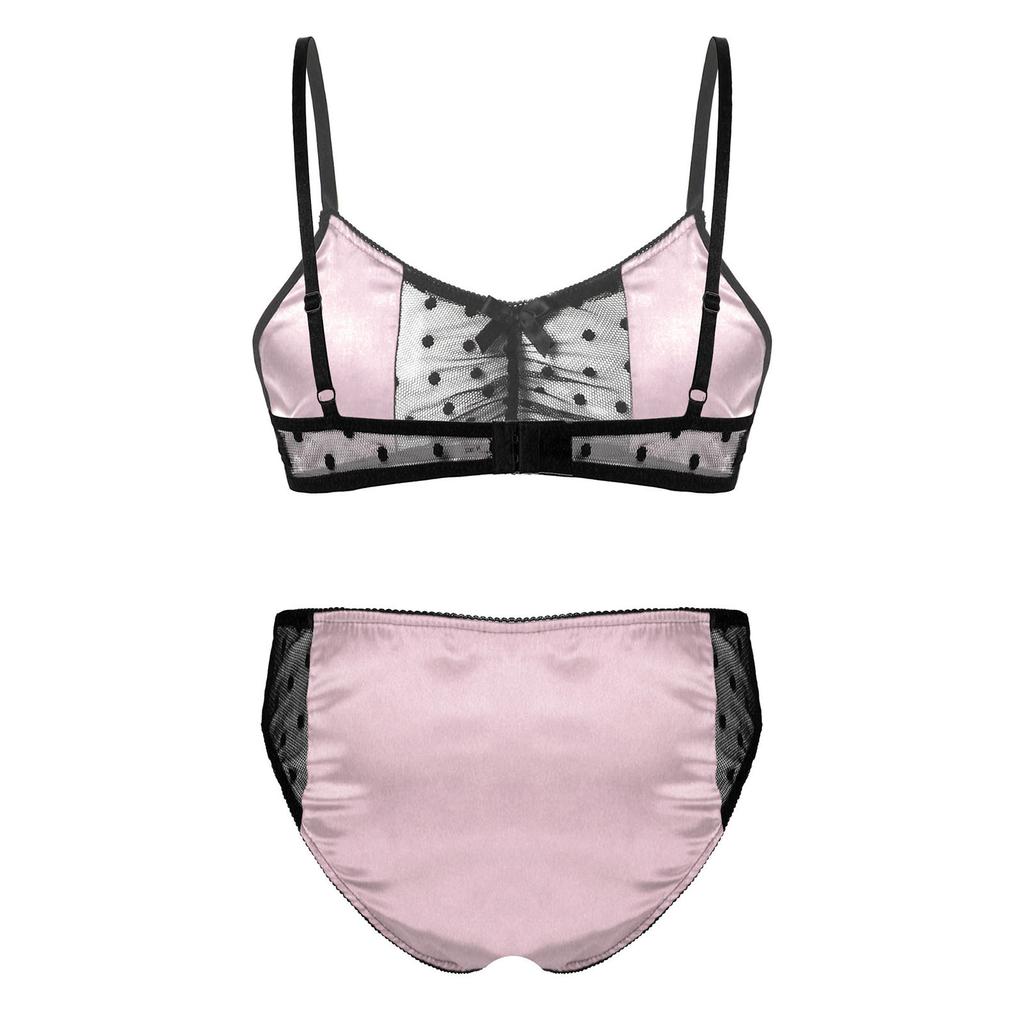Sissy Lingerie Nightwear for Men Satin Sheer Mesh Bra Top Adjustable Spaghetti Straps with Matching Thong Briefs