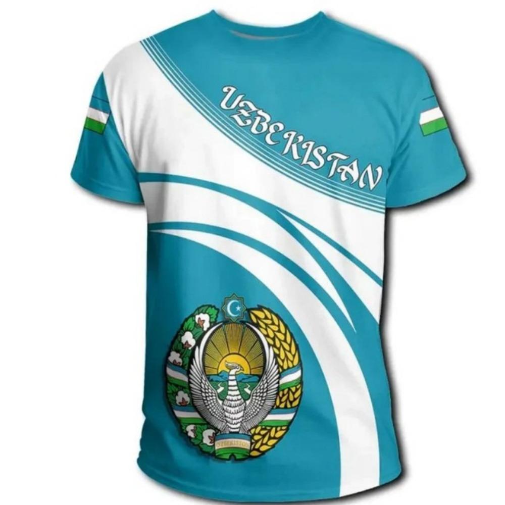 Men Uzbekistan National Flag Print T-Shirt Football Sports Pattern T-Shirts Casual Short Sleeve O-Neck Loose Soccer Fans Tees S