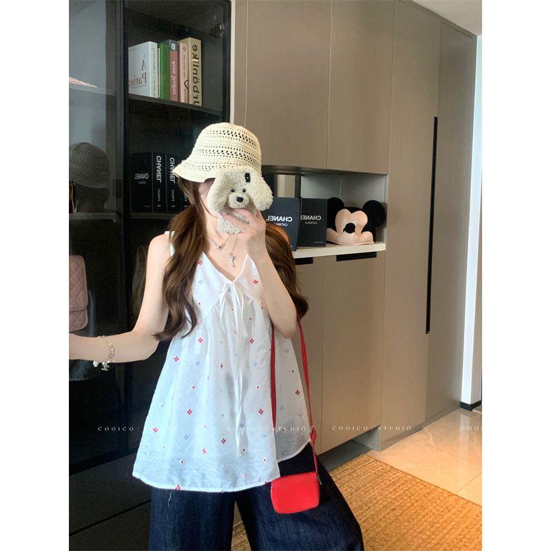 Kumikumi Sweet Style Colorful Flower Embroidery Vest Women clothes Summer Loose Slimming Milky White Sleeveless Top