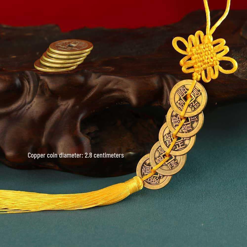 Thickened Brass Five Emperor Coins Chinese Knot Pendant Ornament