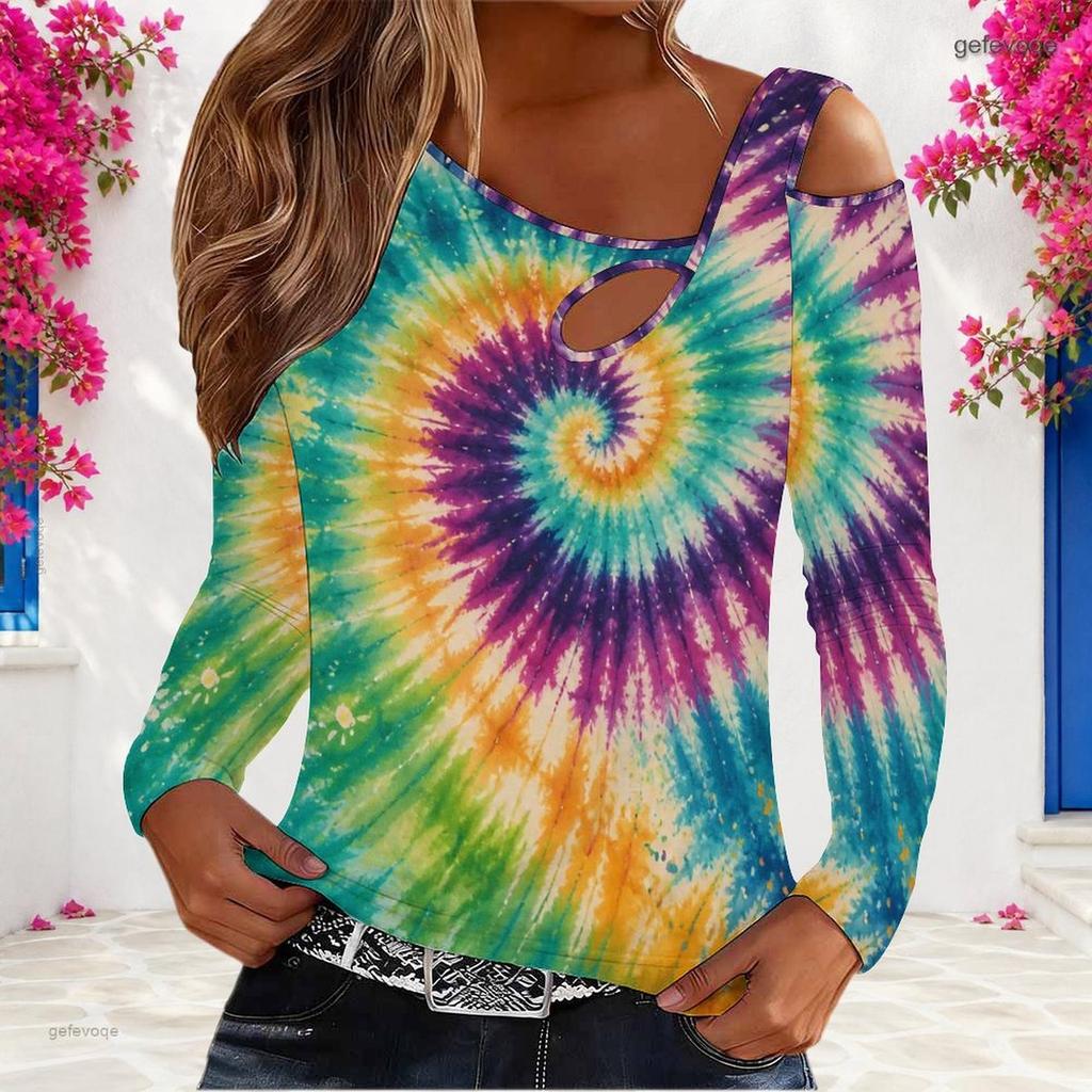 Women Plus Size Asymmetric Cutout Neck Cold Shoulder Long Sleeve Multicolor Printed Fitted Top