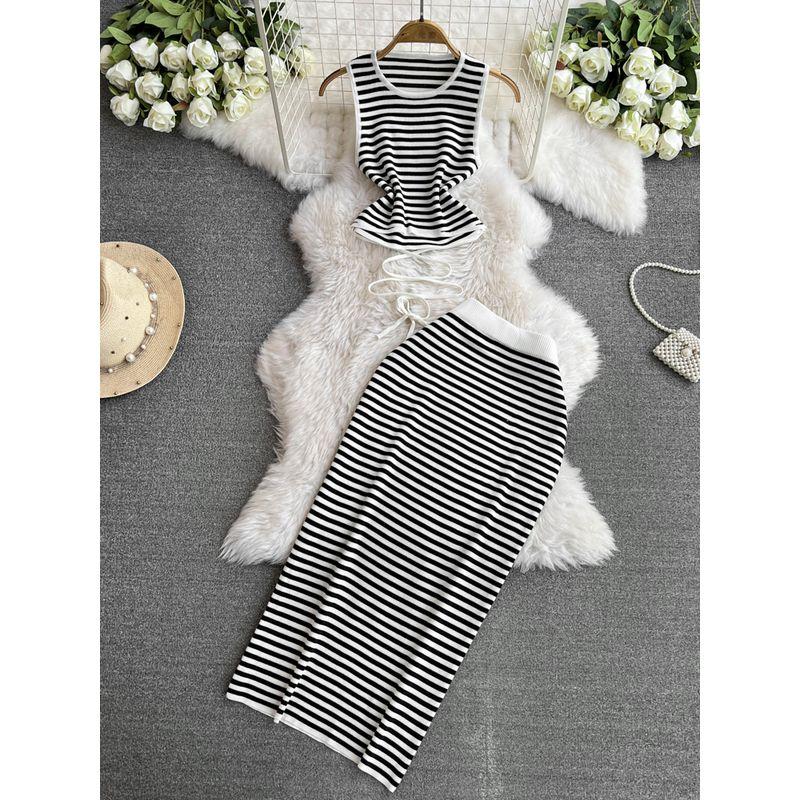 

Summer Stylish Western Style Striped Suit Women s Sleeveless Lace up Short Vest + Sheath Skirt Two-piece Set Trendy Gray One size