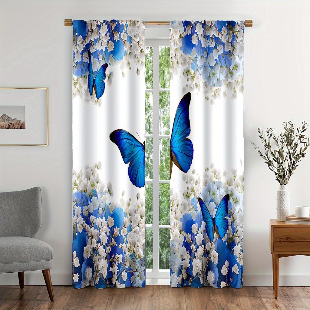 2-teiliges Vorhang-Set, blaue Schmetterlingsblumen-Türvorhang mit Stangentasche, geeignet für Schlafzimmer und Wohnzimmer