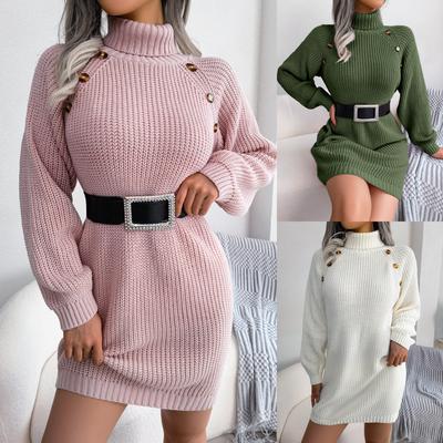 Autumn Winter Button High Neck Long Sleeve Base All Match Knitted Sweater Dresses S-L