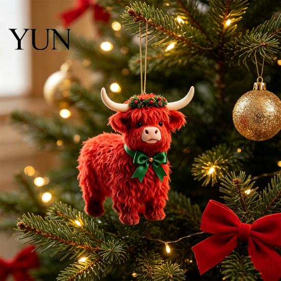 Durable Transparent Pattern Ornaments Highland Yak Ornament for Christmas Tree Hanging Decor, Cute 2D Flat Multi Scene Decorative Pendants Acrylic