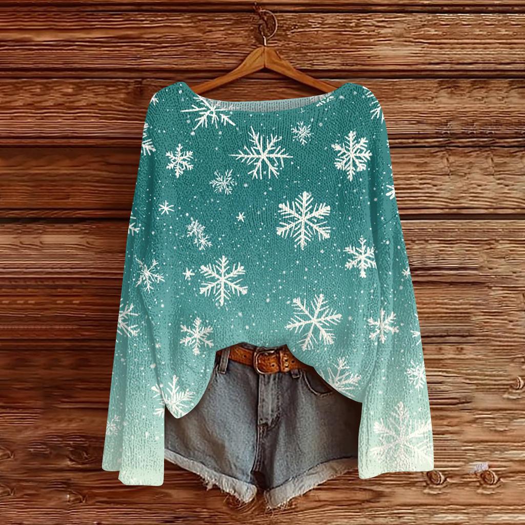 Ladies' Fashionable Casual Long Sleeved Christmas Printed Round Neck Knitted Yarn
