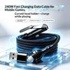 240W 2 In 1 Fast Charging Cable Black/Orange With Foldable Phone Holder Stand For Tablet Laptop Charger Cord Usb