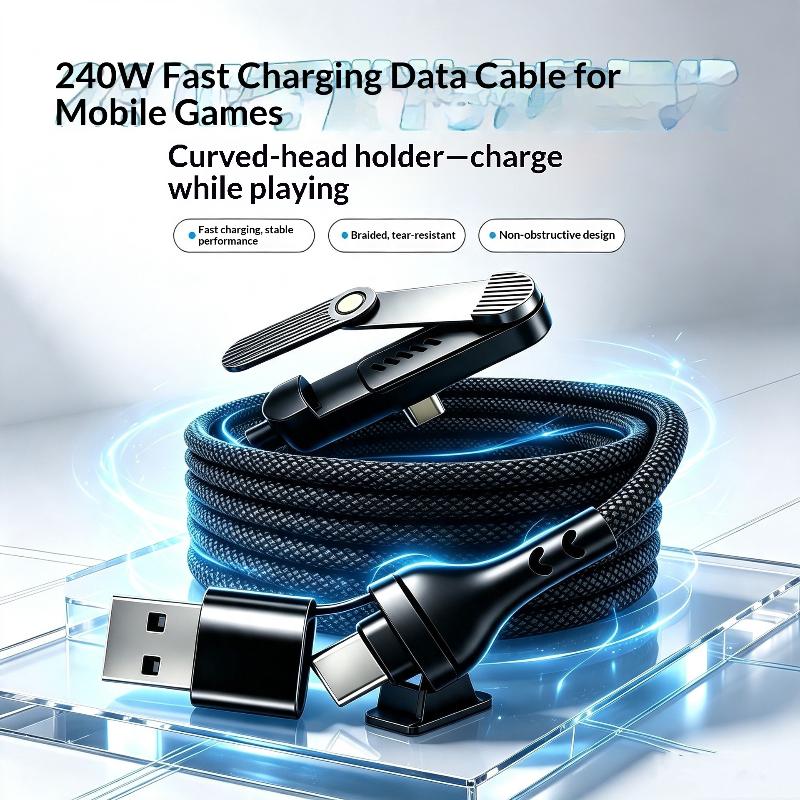240W 2 In 1 Fast Charging Cable Black/Orange With Foldable Phone Holder Stand For Tablet Laptop Charger Cord Usb
