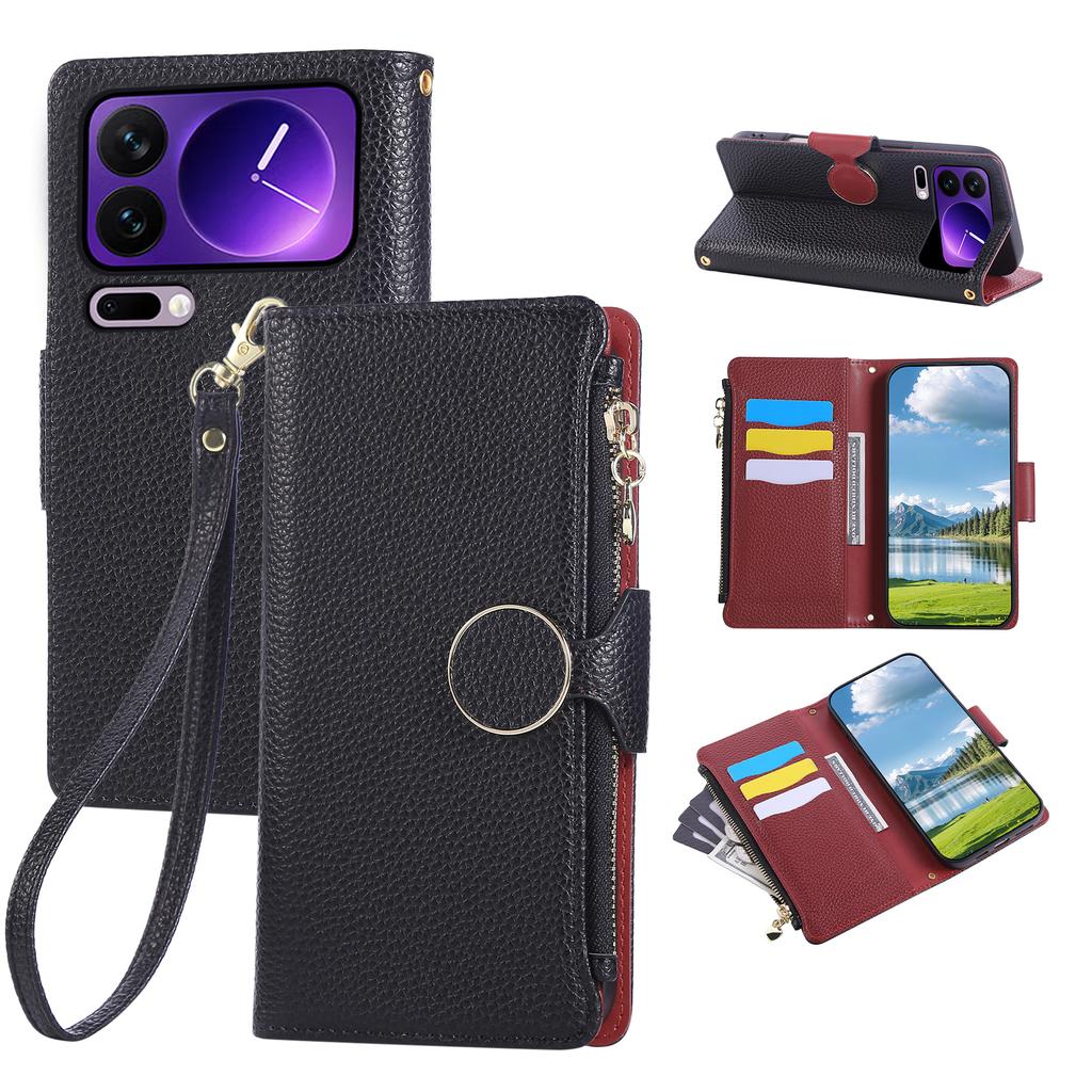 For Xiaomi 17 Pro Case Zipper Wallet Leather Phone Cover with Wrist Strap