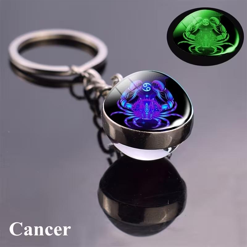 Luminous 12 Constellations Keychain Double-Sided Glass Ball Zodiac Pendant Key Ring