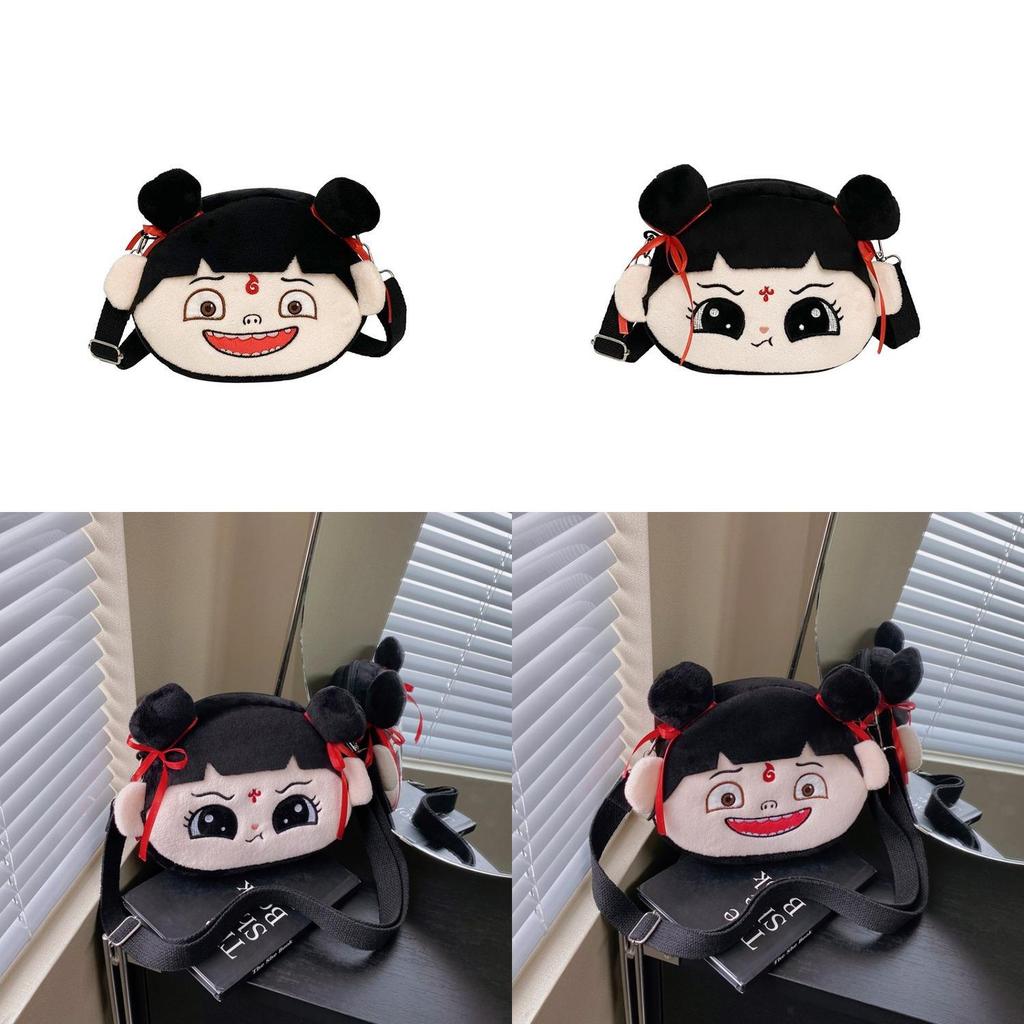 Cute Nezha Laughing And Big Eyed Expression Cartoon Embroidery Plush Backpack