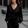 Damenhemd Langarm V-Ausschnitt Puffärmel Satin-Textur Pullover Tops Einfarbig Lockere Passform Arbeit Party Date Reise Freizeit-Tops