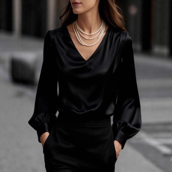 Damenhemd Langarm V-Ausschnitt Puffärmel Satin-Textur Pullover Tops Einfarbig Lockere Passform Arbeit Party Date Reise Freizeit-Tops