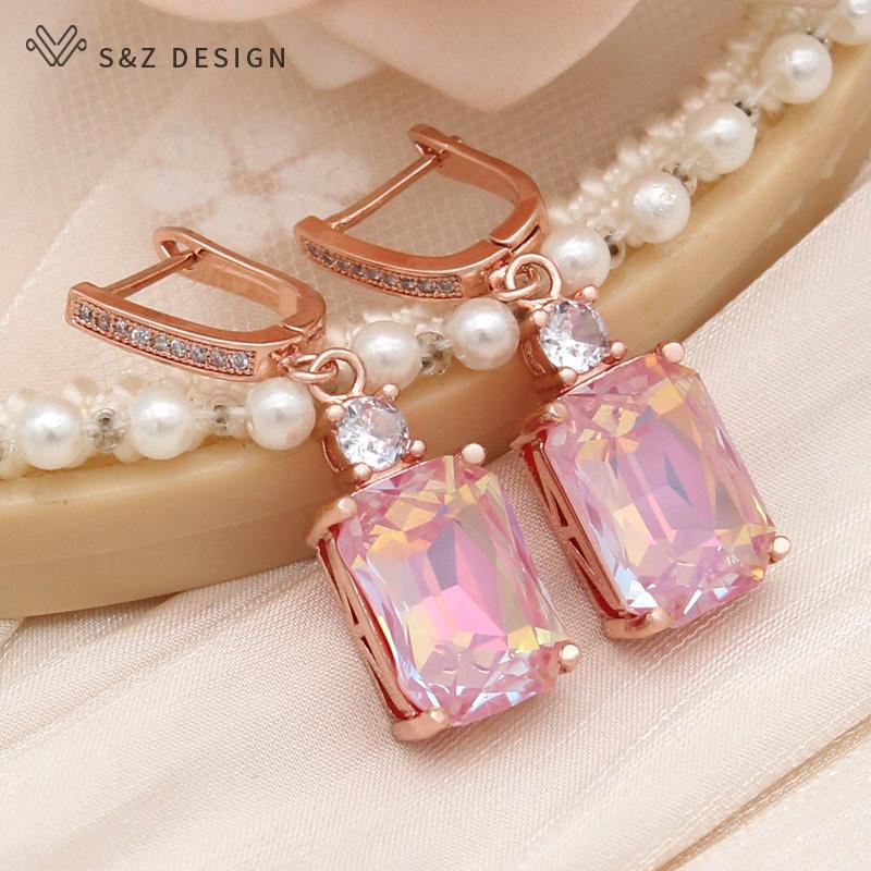Boucles d'oreilles pendantes rectangulaires en cristal, couleur or rose, pour femmes, bijoux de mariage en zircone cubique