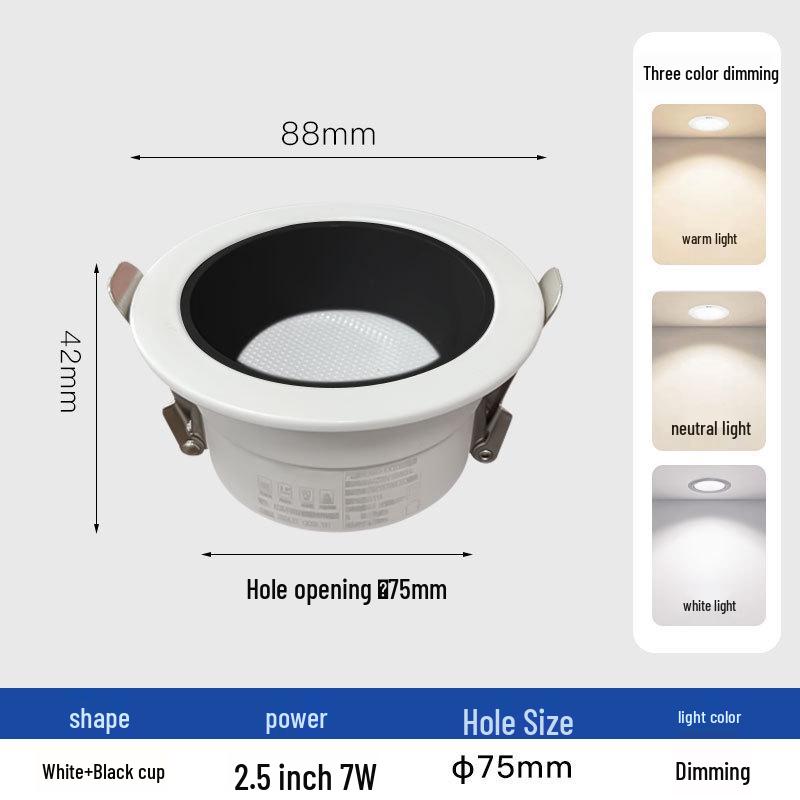 

75cm Cutout Waterproof Anti-Glare 7W Recessed LED Downlight, Anti-Fog, Three-Color Dimmable, Narrow Edge Ceiling Light Three-color dimmable, CRI 90