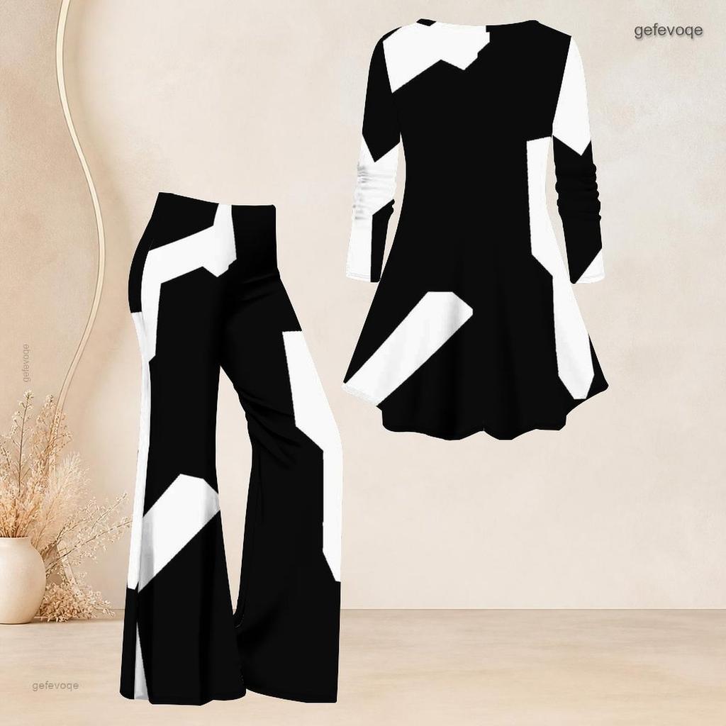 Women Plus Size V Neck Long Sleeve Printed Flared Top Flared Pants Two Piece Set