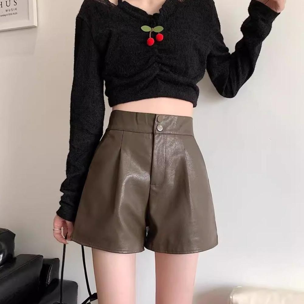 Black Hot Woman Short Pants Baggy Elastic Waist Shorts Fashion High Waist Leather Shorts  Summer