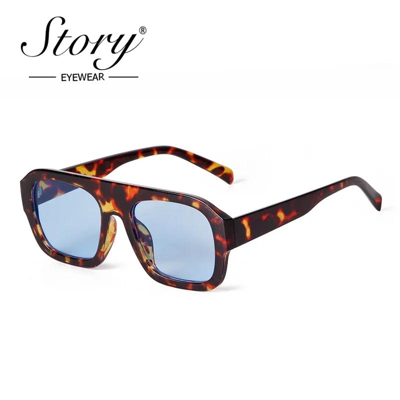 STORY Fashion Flat Top Large Square Sunglasses Women Men New Designer Trendy Leopard Blue Lens Oversize Sun Glasses S3917