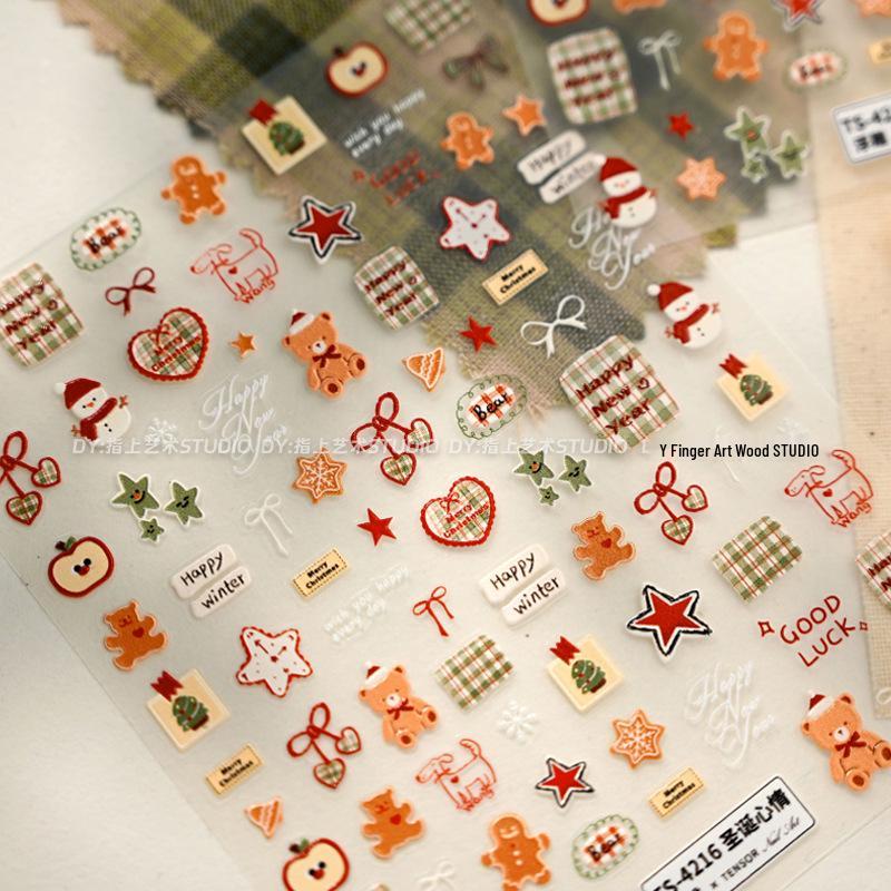 

Retro Plaid Christmas Nail Art Stickers: Cute Bear, Snowman, Heart Designs Christmas Mood [1 sheet]