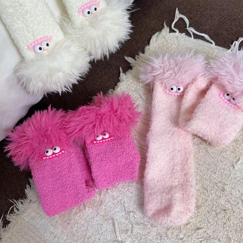 Women Girls Winter Thick Coral Fleece Cartoon Big Mouth Monster Plush Sleep Socks Warm Soft Home Socks