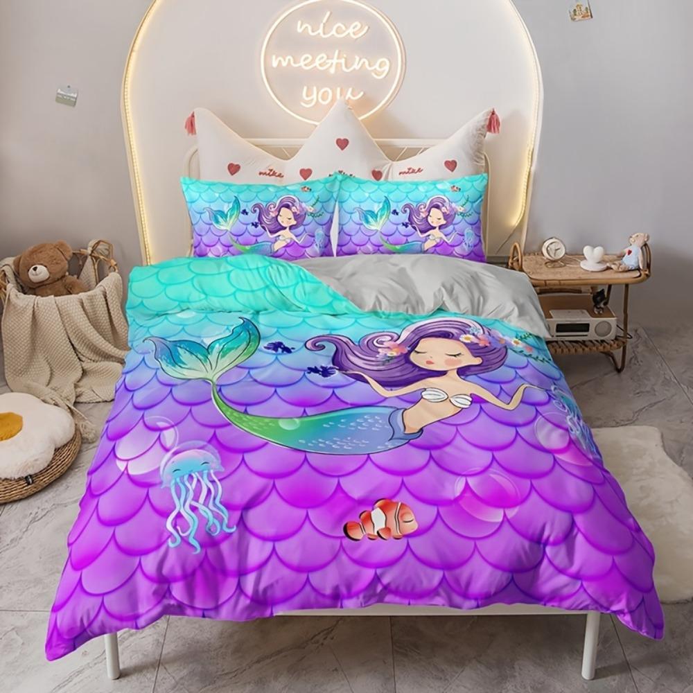 3dílná modro-fialová sada povlečení Dreamy Mermaid s 3D potiskem, útulný povlak na přikrývku, velikost King, Queen, Single, dárek k narozeninám pro dívku, dekorace do ložnice