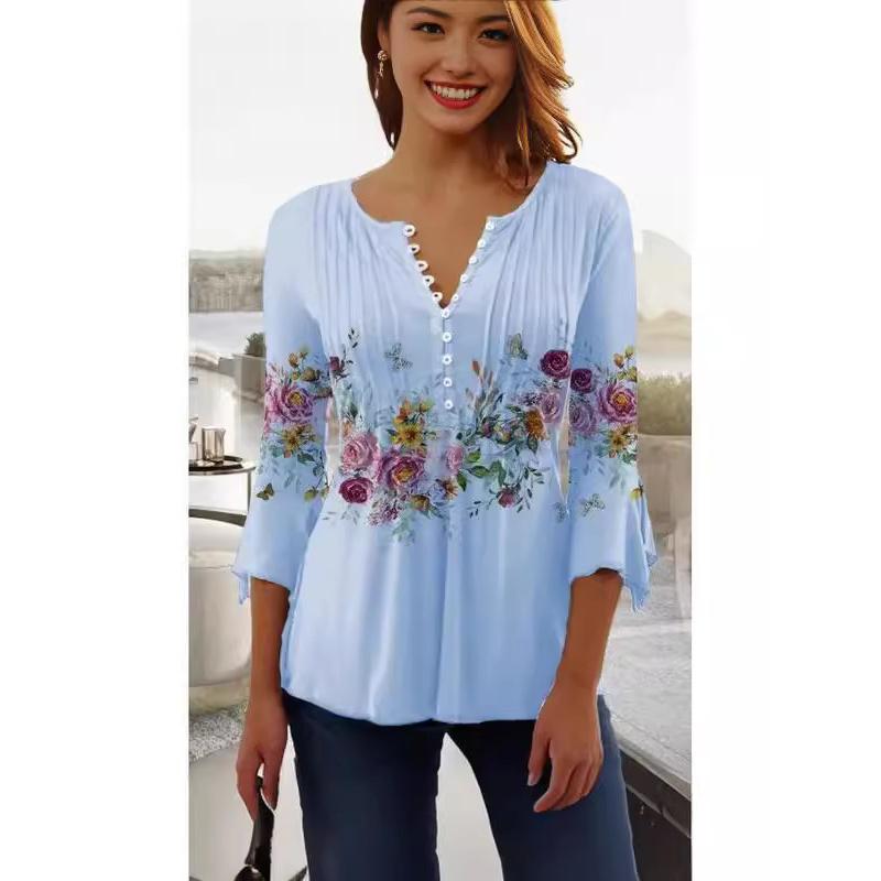 Moda Wiosna Lato Nowa Damska Koszulka Bazowa z Plisami i Guzikami z Dekoltem V i Krótkim Rękawem w Kwiatowy Wzór