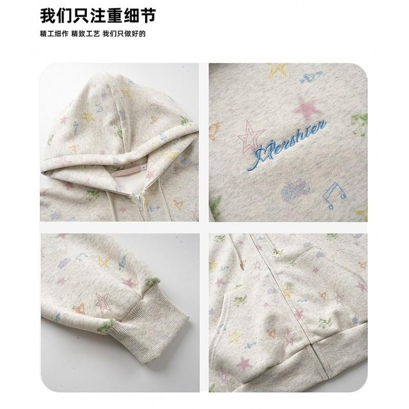 Oversized Floral Print Hooded Zip-Up Sweatshirt Unisex Loose Fit Casual Top