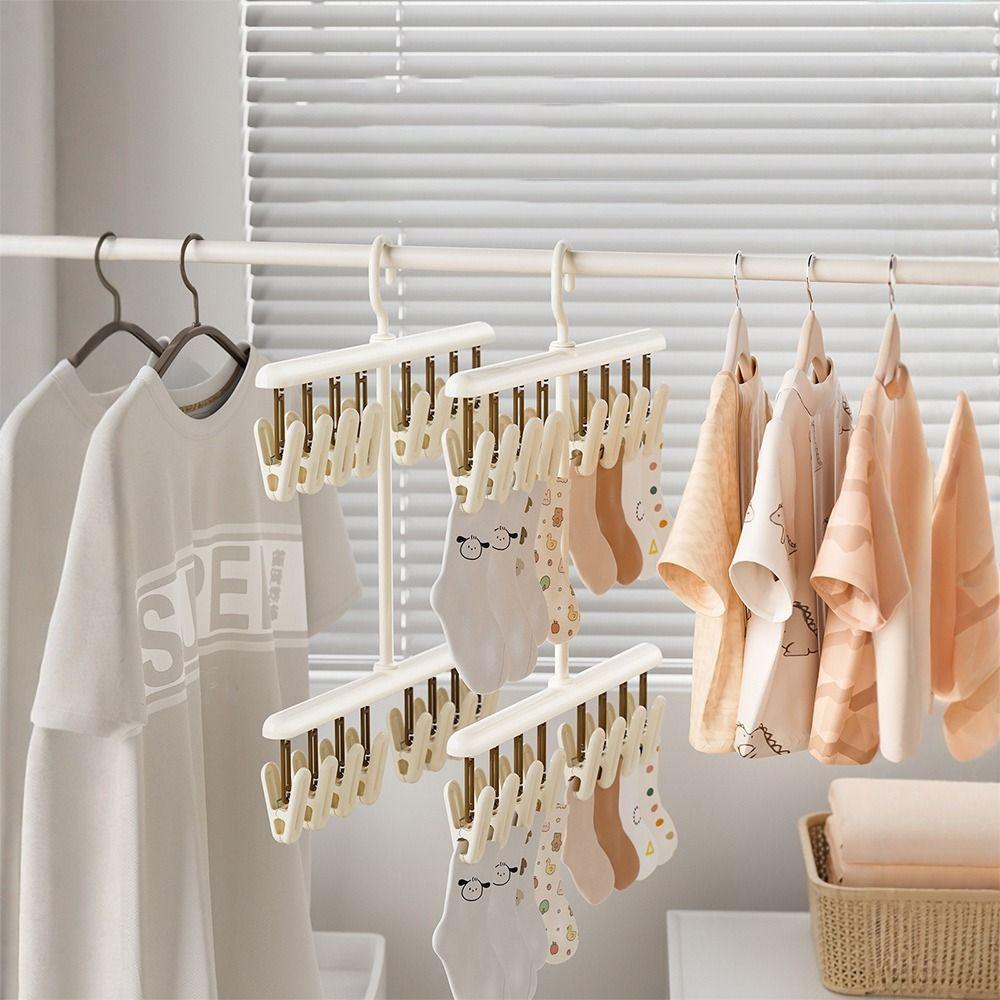 Multi-functional Sock Drying Rack Foldable Rotatable Clothes Hanger with Clips Windproof Space Saving Socks Hanger Clip