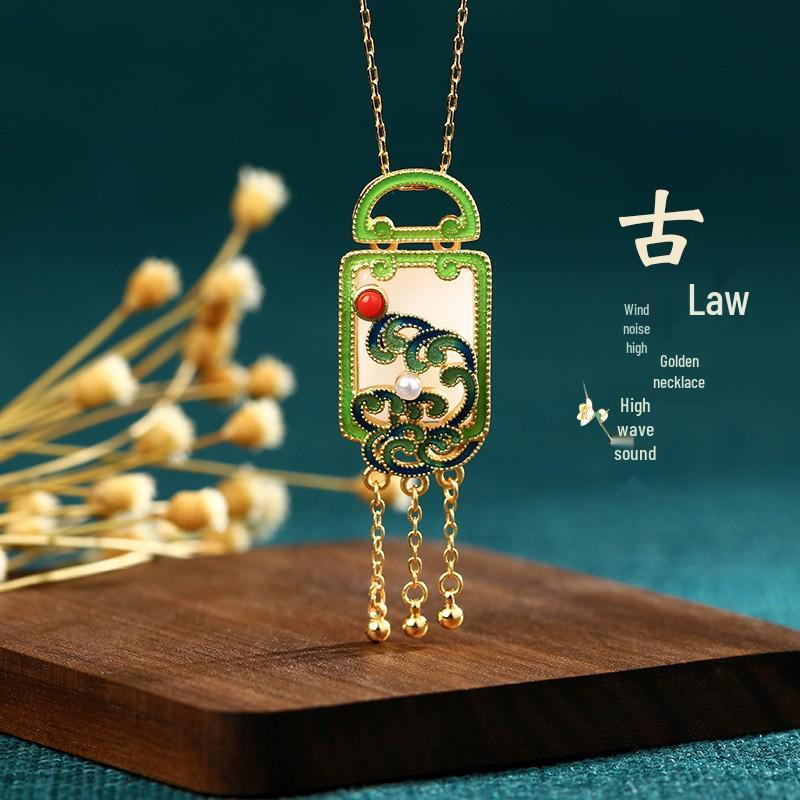 Guochao Court-Style Cloisonné Enamel & Imitation Hetian Jade Ruyi Tassel Necklace