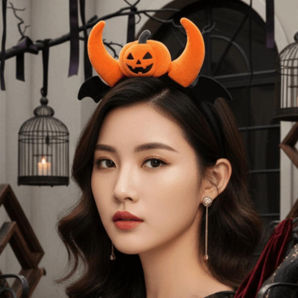 Elastic Pumpkin Headband Plush Halloween Head Hoop Spooky Headwear Theme Party