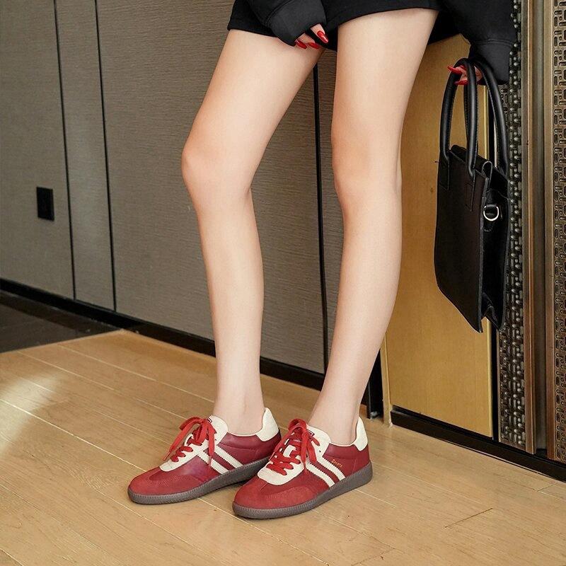 Red retro women's versatile color matching casual sports shoes flat leather board shoes