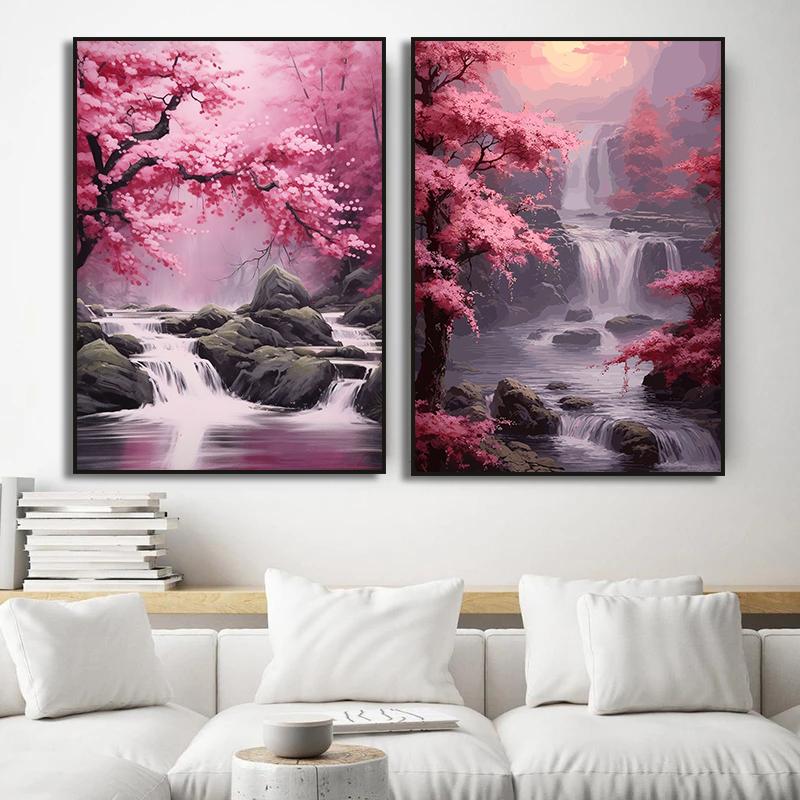 Japanese Landscapes Sakura Cherry Blossom Waterfall Poster Print Canvas Painting for Living Room Home Decor Cuadros