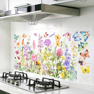 Colorful Flower Wall Decals Wildflower Butterflies Green Grass Wall Stickers Removable Peel And Stick Floral Wall Murals Decor for Bedroom Nursery