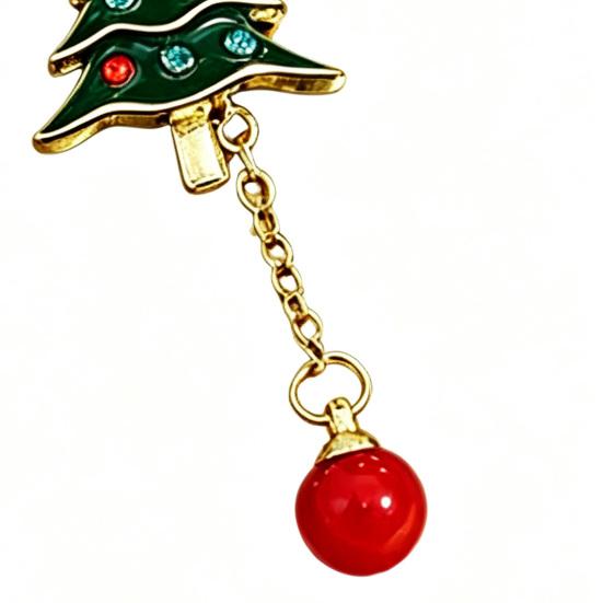 Cute Xmas Theme Earrings 1 Pair Christmas Tree for Women, Colorful Rhinestone Shaped Gold Tone Enamel with Red Bead Charm, Winter Holiday Jewelry