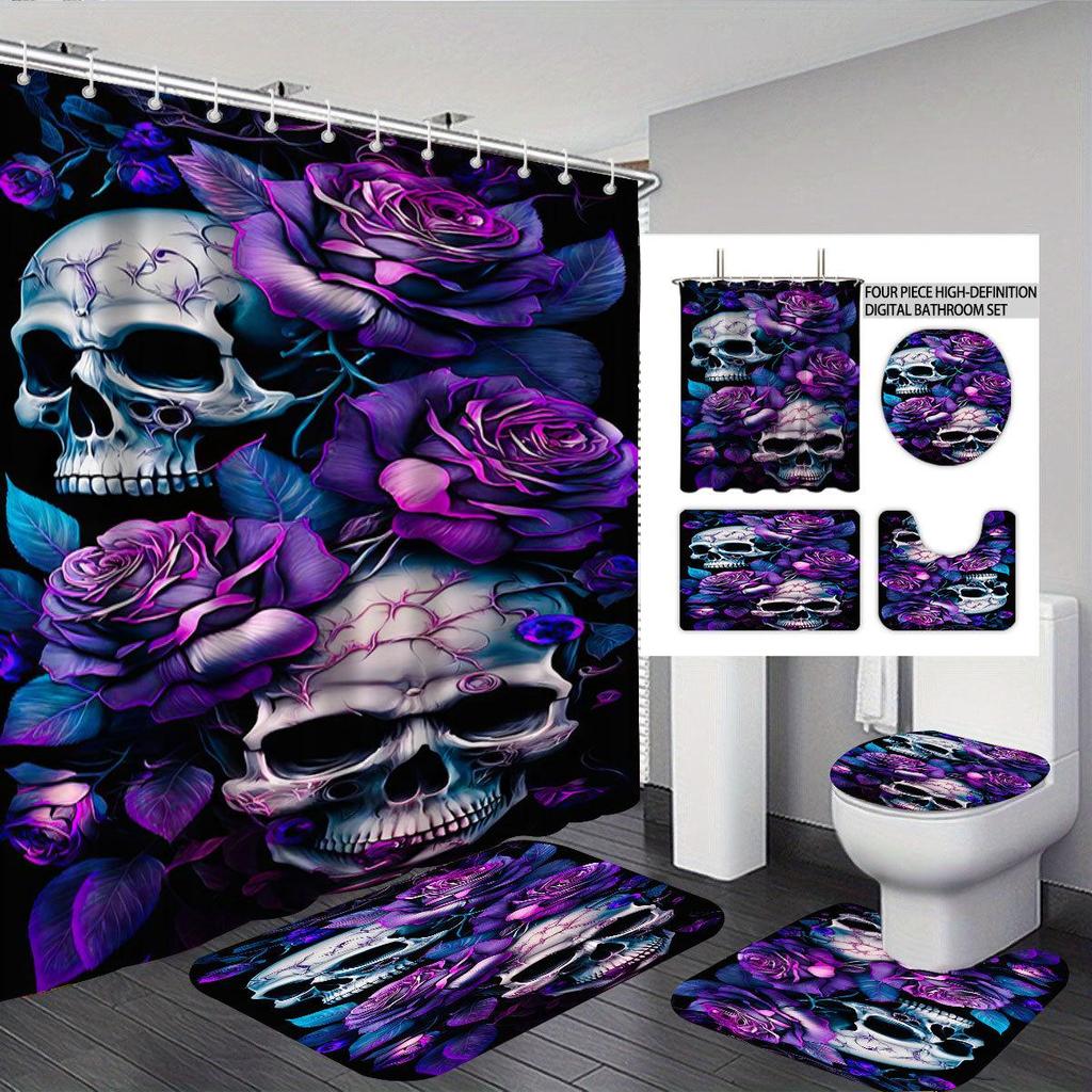 TikTok Halloween Badkamer 4-delige Set: Waterdicht Polyester Douchegordijn en Nat/Droog Afscheiding