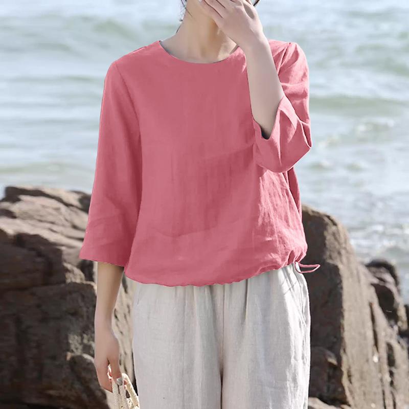 ZANZEA Women Casual Round Neck Loose Summer 3/4 Sleeve Blouse